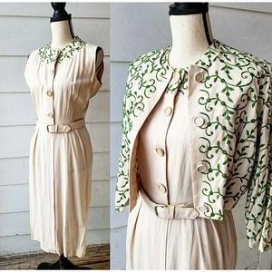1940s Tan Three Piece Set || Green Embroidery || Queen Make Fashions